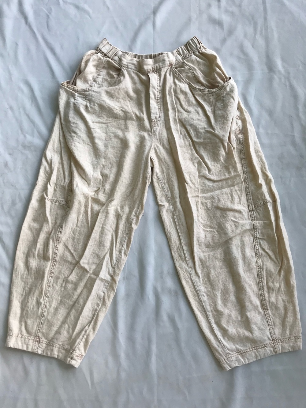 Women’s Free People Linen Barrel Leg Balloon Pants M Beige Tan Natural Oatmeal
